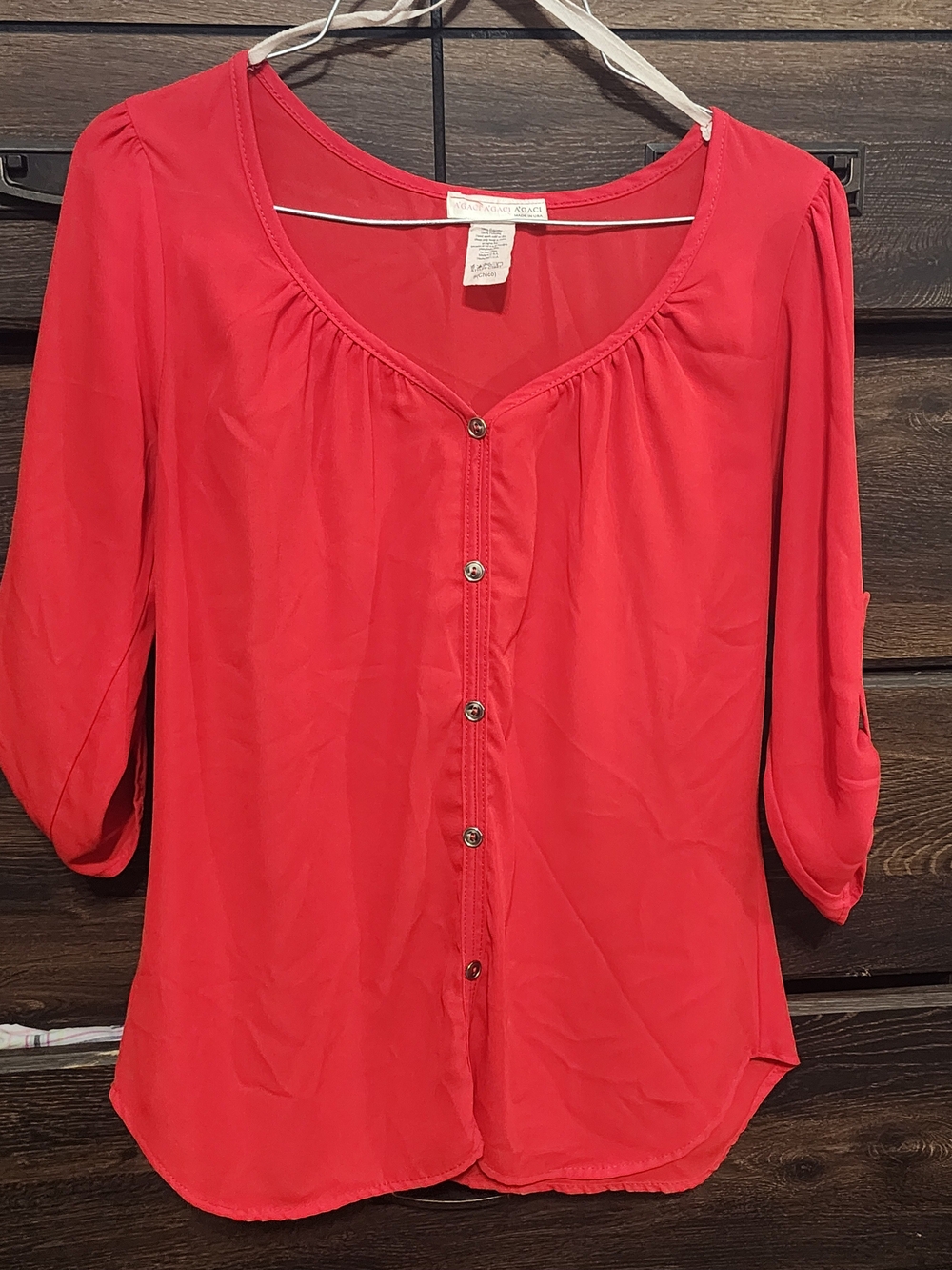 A'gaci Red Button-Front Scoop Neck Blouse